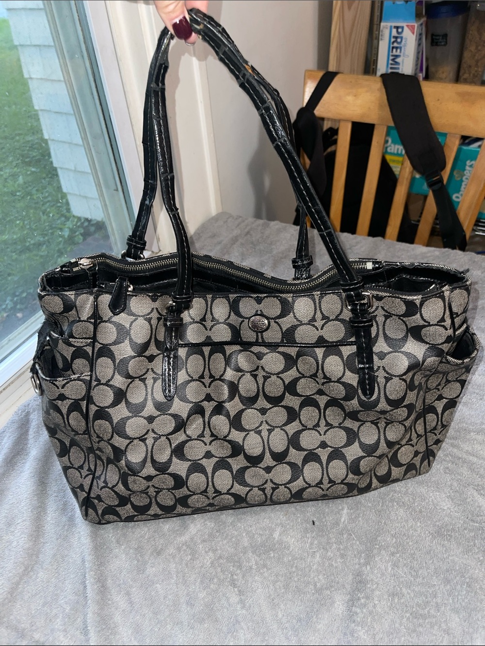 Coach Black and Gray Signature Tote with Patent Trim